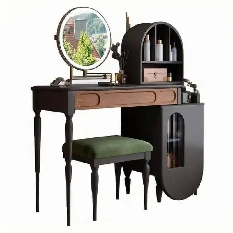 オーガナイザー付き黒の化粧台、引き出し、スツール、大型ビュー - Beauty Makeup Vanity Set のレビューと価格