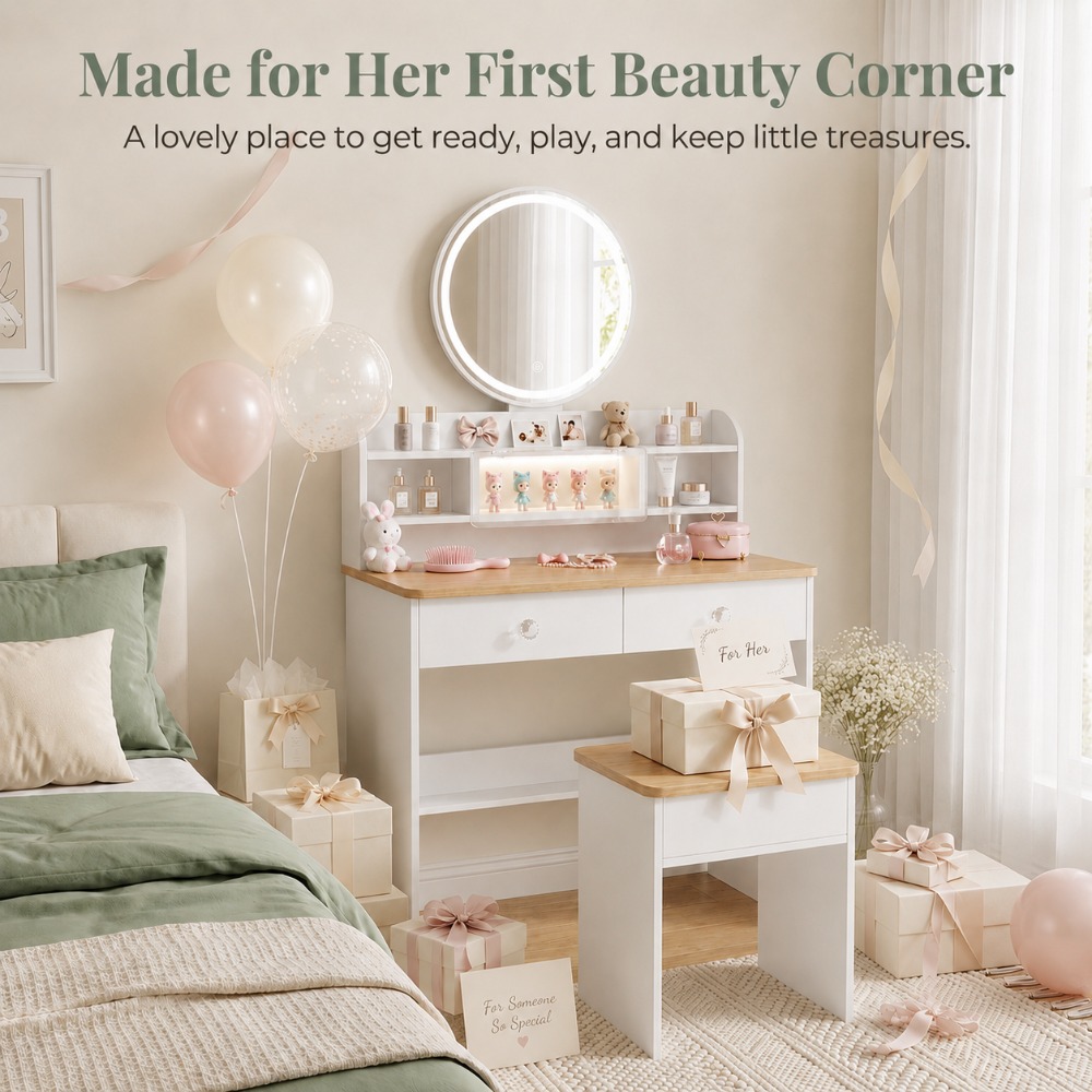 彼女への完璧な贈り物、LEDミラー付き丸型木製化粧台セット、 - Beauty Makeup Vanity Set のレビューと価格