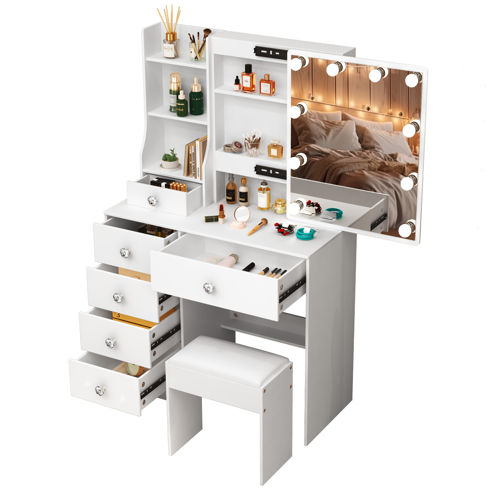 LEDミラー付きホワイトメイクアップバニティデスク、6つの引 - Beauty Makeup Vanity Set のレビューと価格